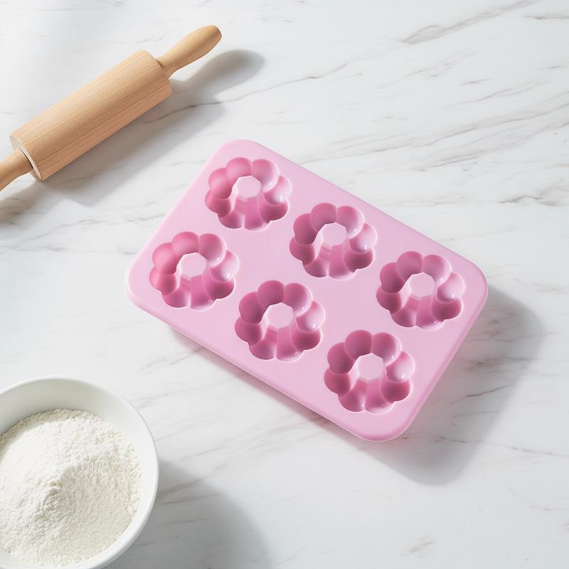 6つの空洞を持つノンスティックシリコンドーナツ型、花の形、食 - Donut Mold Silicone のレビューと価格